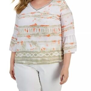JM Collection Womens Printed Bell Sleeve Top Stone Combo Beige Plus Size 2X